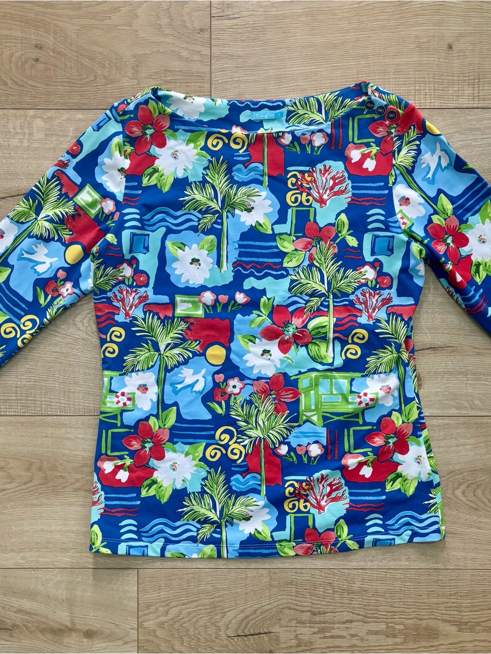 J McLaughlin Floral Tropical Blue 3/4 Sleeve Top Catalina Cloth Wavesong